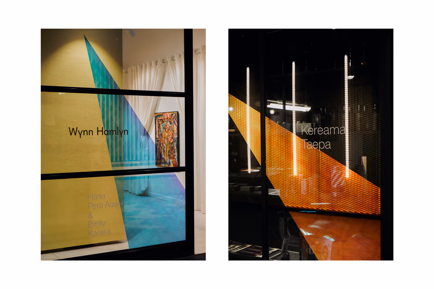 Wynn Hamlyn and Kereama Taepa window vinyl installations at Commercial Bay, designed, fabricated and installed by Blink, Auckland