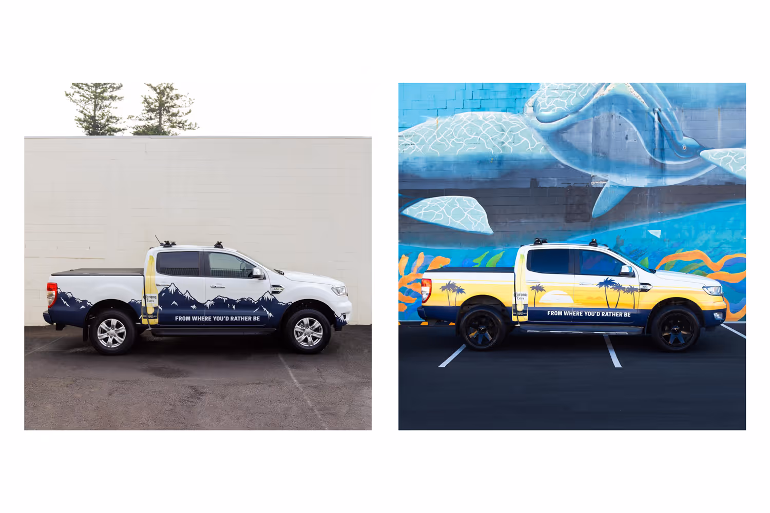 Side-by-side view of Corona-branded pickup trucks with mountain and tropical sunset wrap designs, by Blink