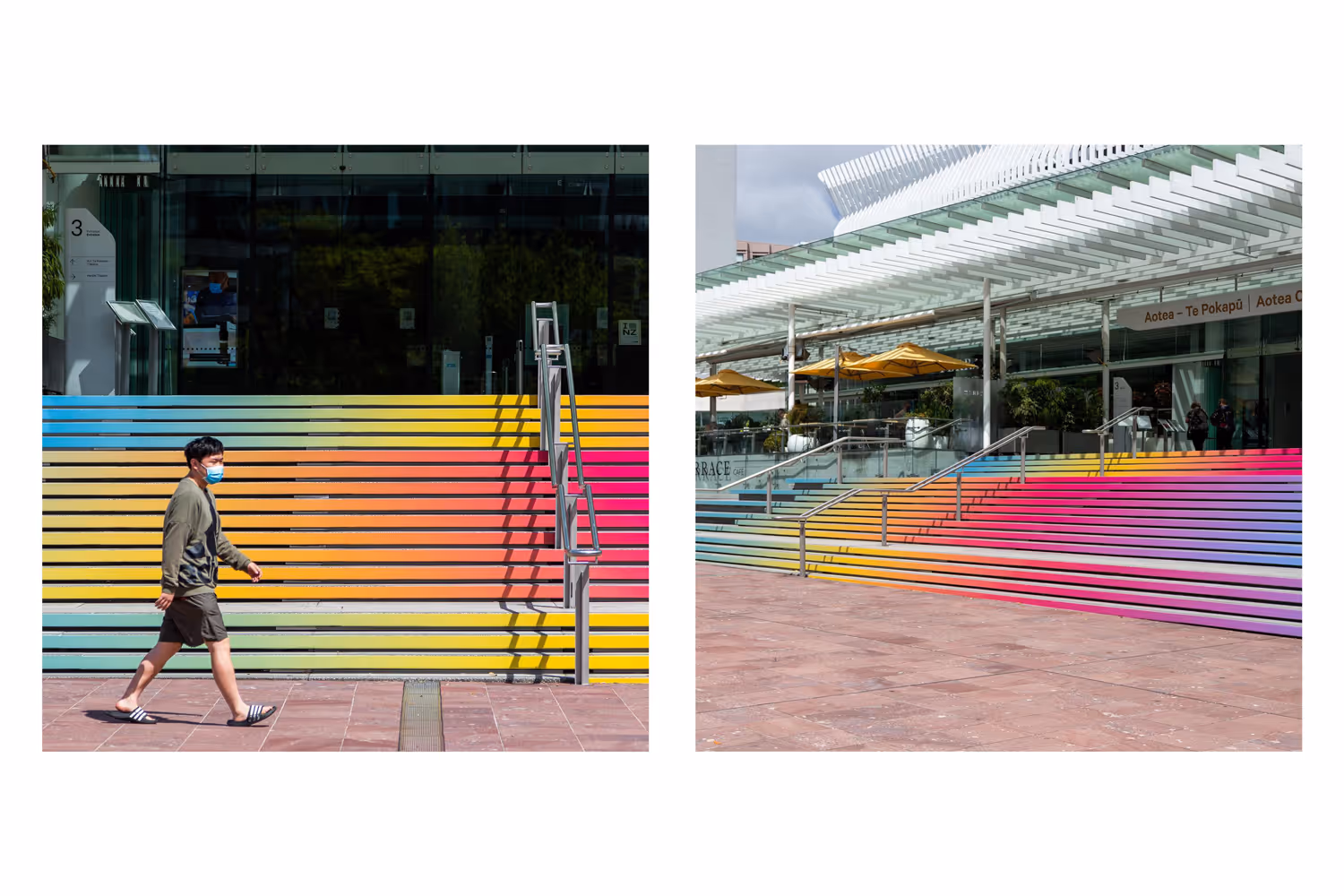 Vibrant gradient-colored stairs at Aotea Square for the Summer in the Square activation by Blink