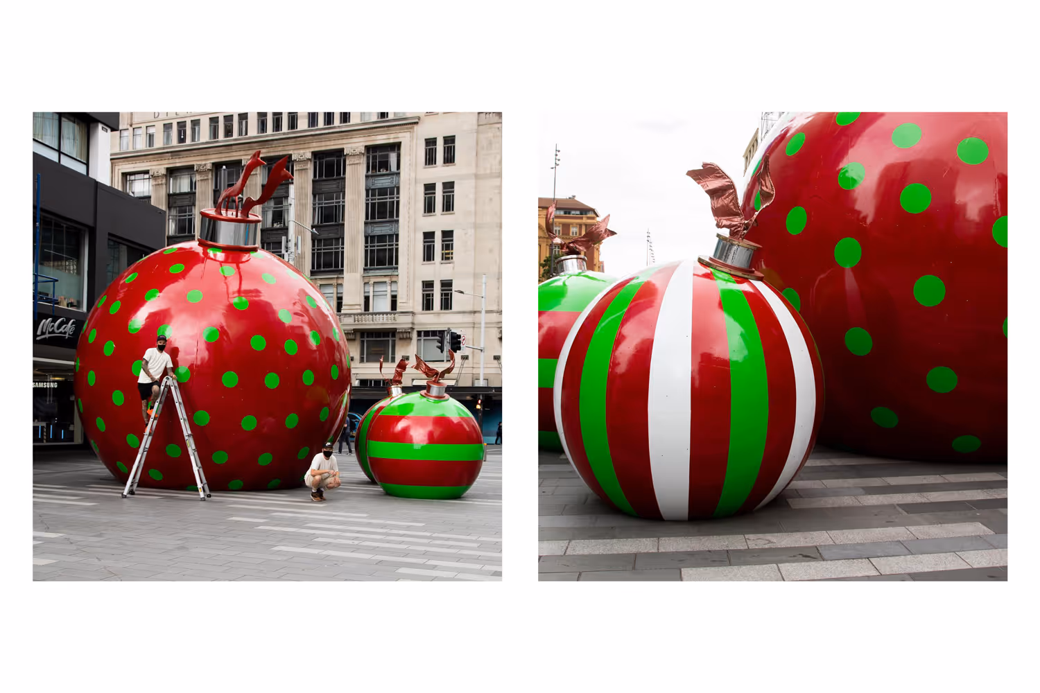 Giant red polka-dot and striped Christmas baubles installation for Heart of the City by Blink