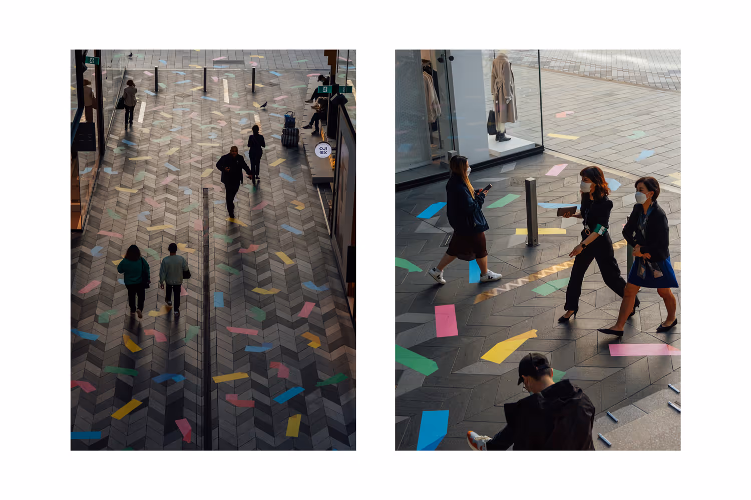 Pedestrians walk across the colorful Welcome Back Confetti installation on the Commercial Bay walkway floor