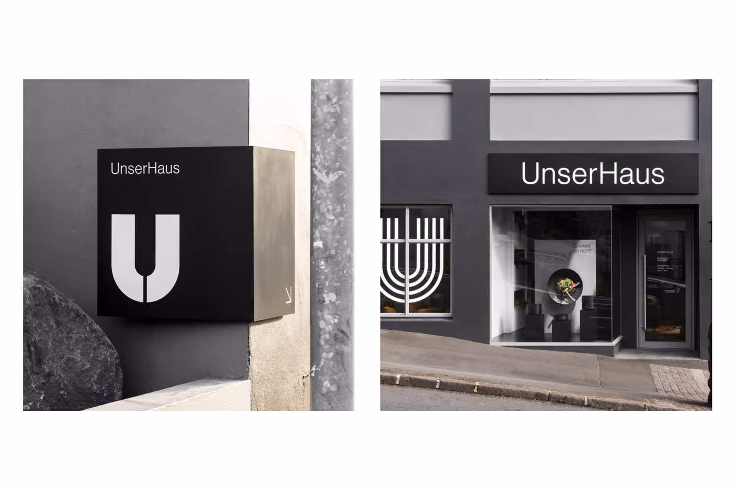 UnserHaus Auckland showspace signage by Blink, featuring a black corner sign with a U logo and a branded building exterior