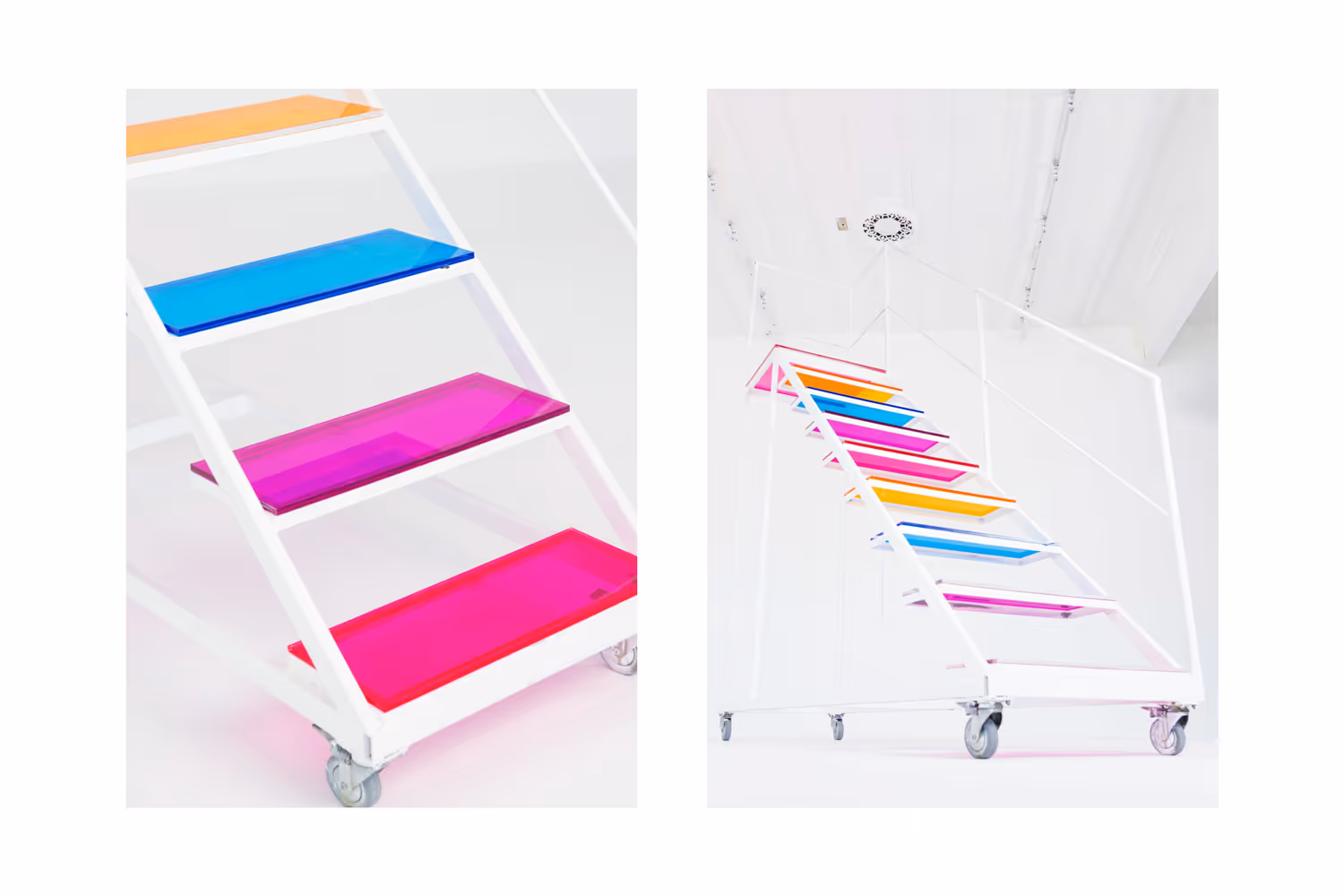 Portable stairs for Dreampark Studio, featuring a white metal frame and translucent, multi-colored steps, by Blink