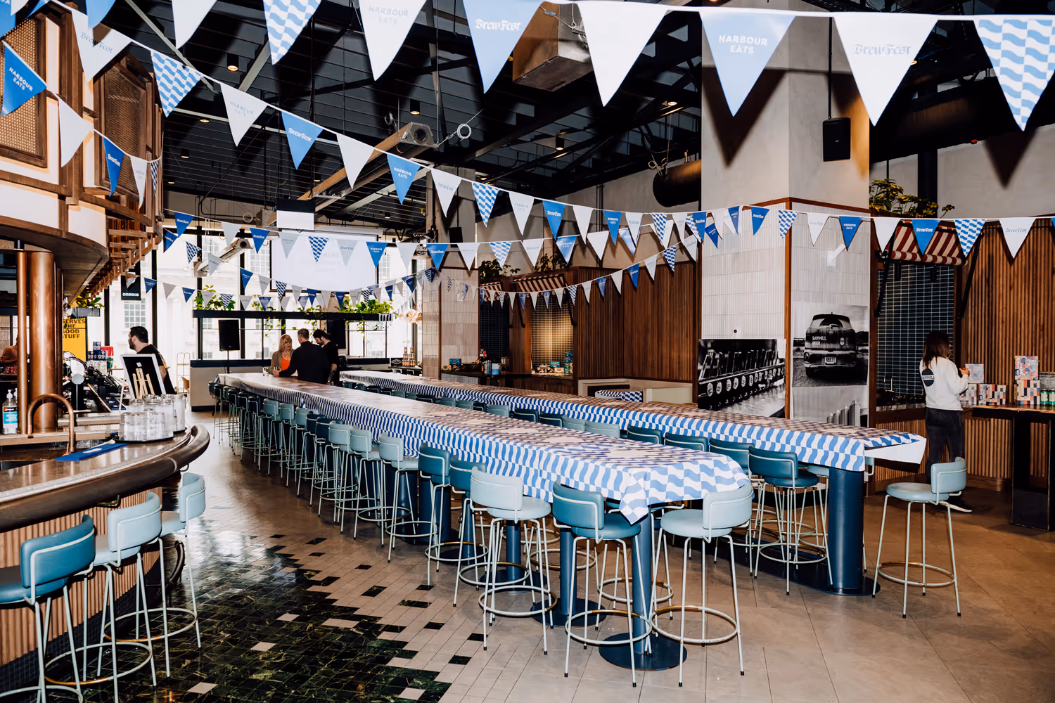 Brew Fest activation at Commercial Bay Harbour Eats with branded bunting and printed collateral, designed and installed by Blink, Auckland
