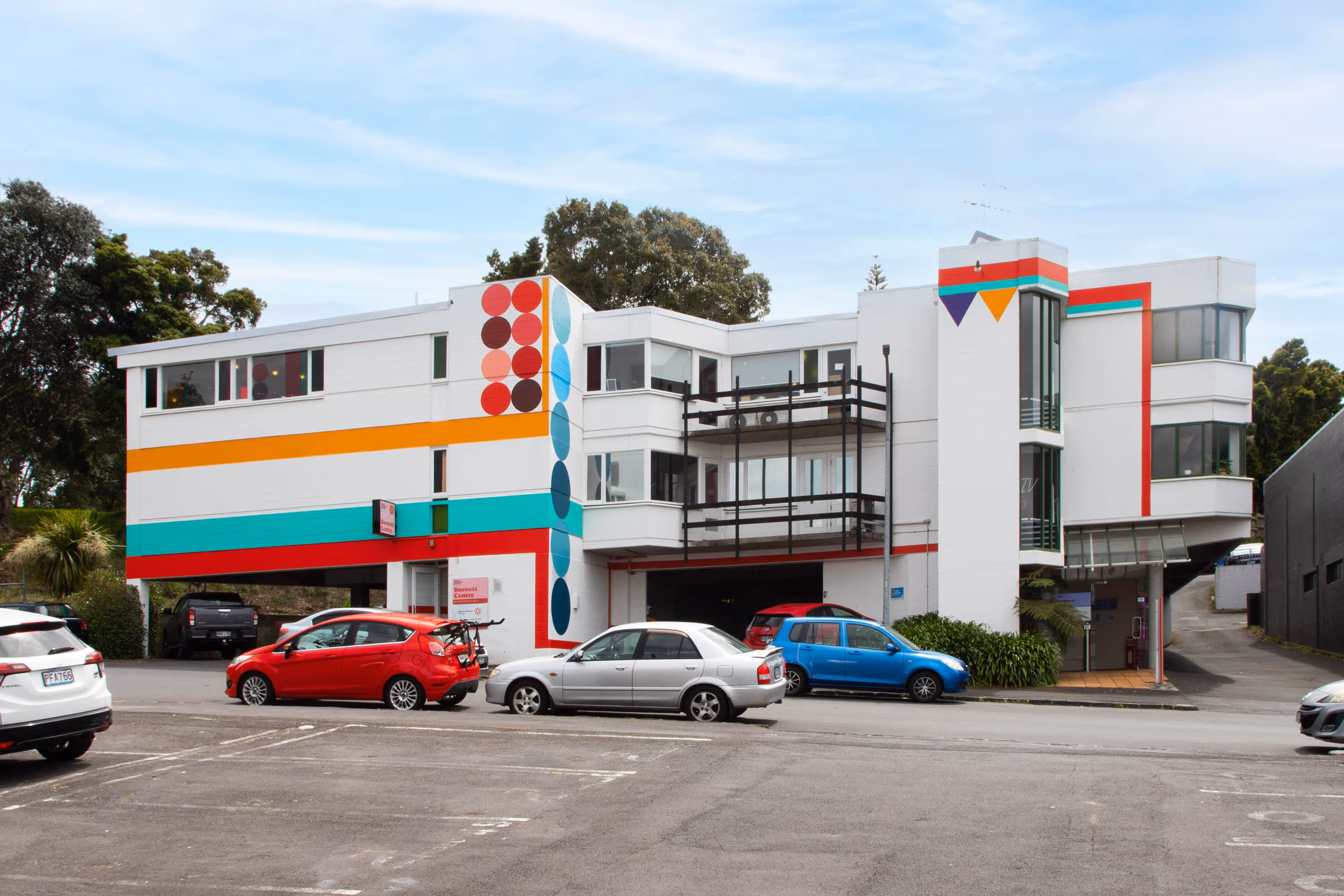 Burnett Foundation Aotearoa full building exterior with supergraphics mural, designed by Shannon Novak, painted and installed by Blink, Auckland