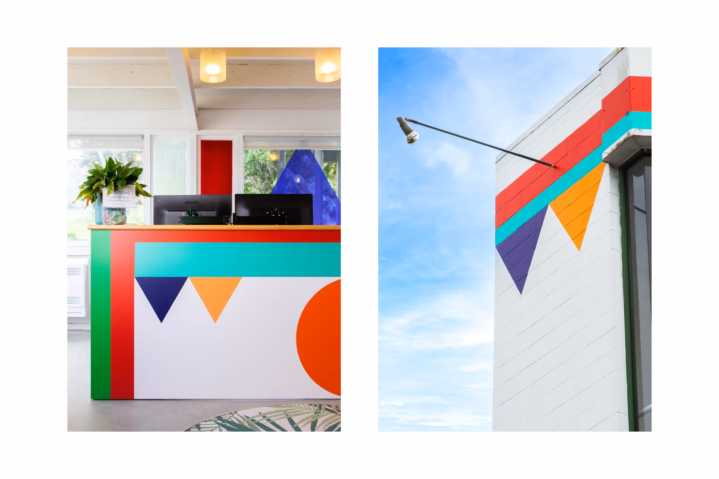 Burnett Foundation Aotearoa reception desk supergraphics and exterior building detail, painted by Blink, Auckland