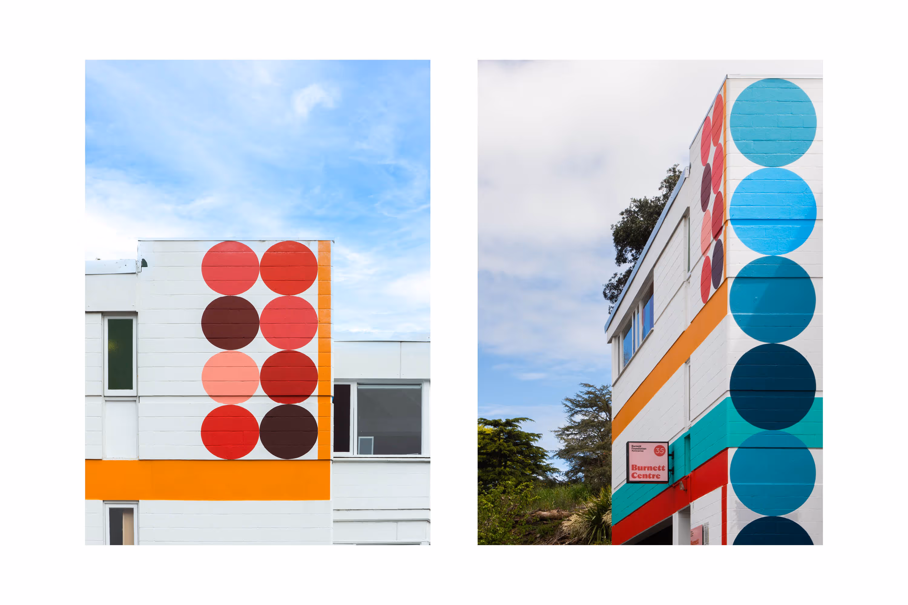 Painted circle supergraphics detail on exterior wall of Burnett Foundation Aotearoa, designed by Shannon Novak, painted by Blink, Auckland