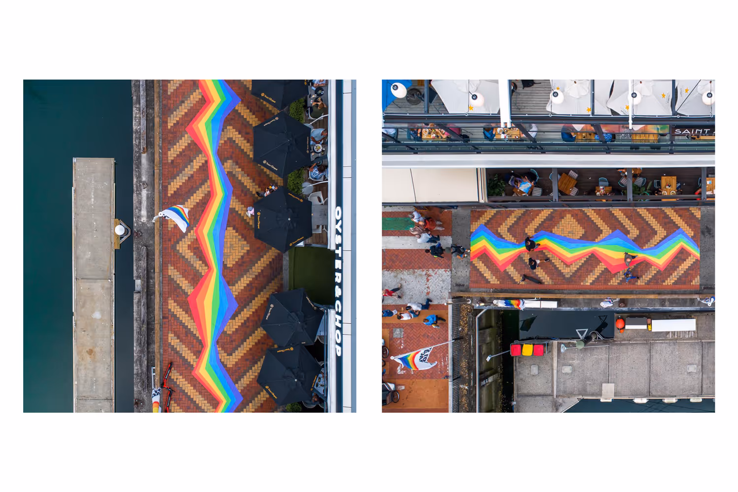 Aerial view of a rainbow zigzag vinyl installation on a brick waterfront walkway in Auckland