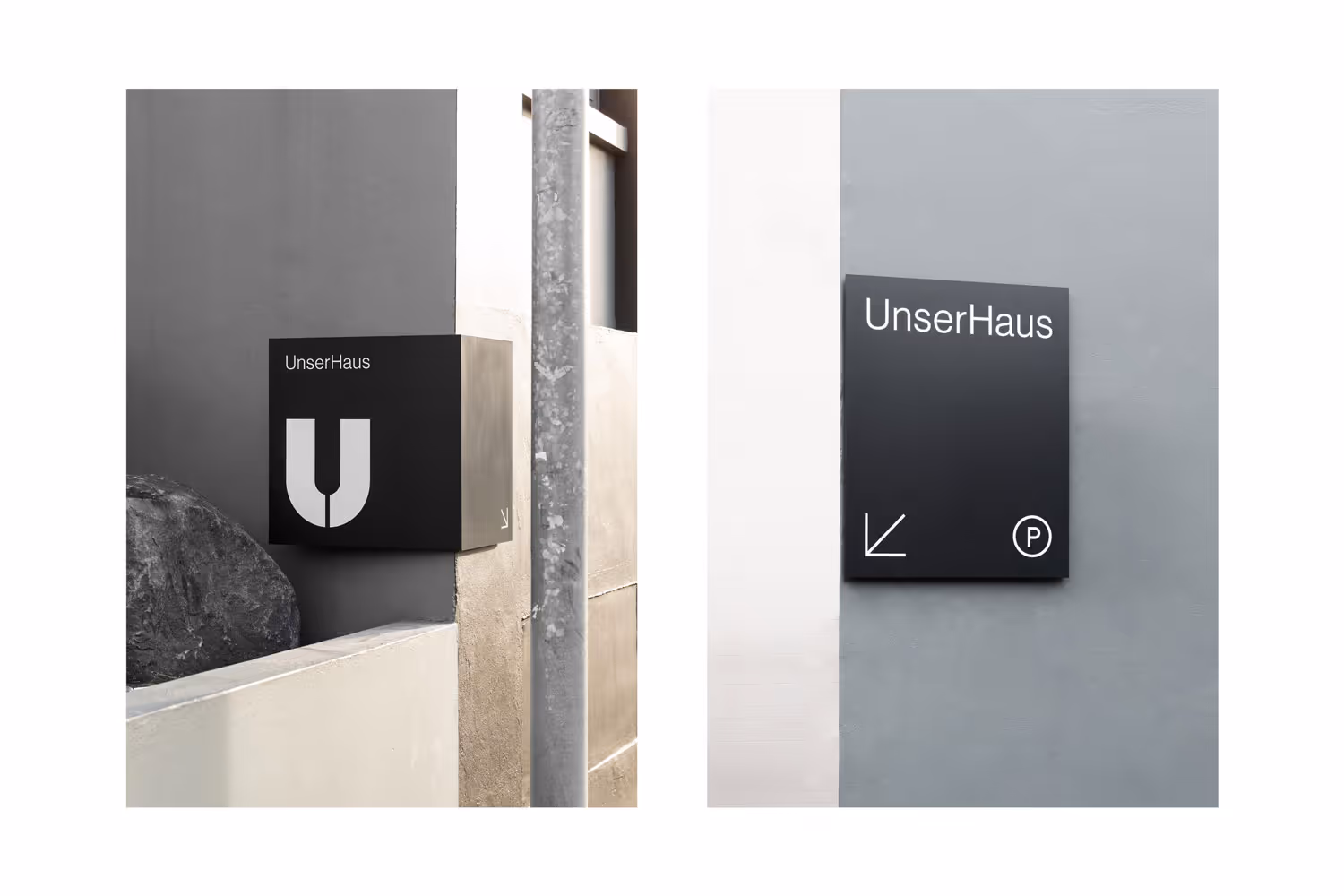 UnserHaus exterior wayfinding and identification signage, designed by Studio South, fabricated and installed by Blink, Auckland