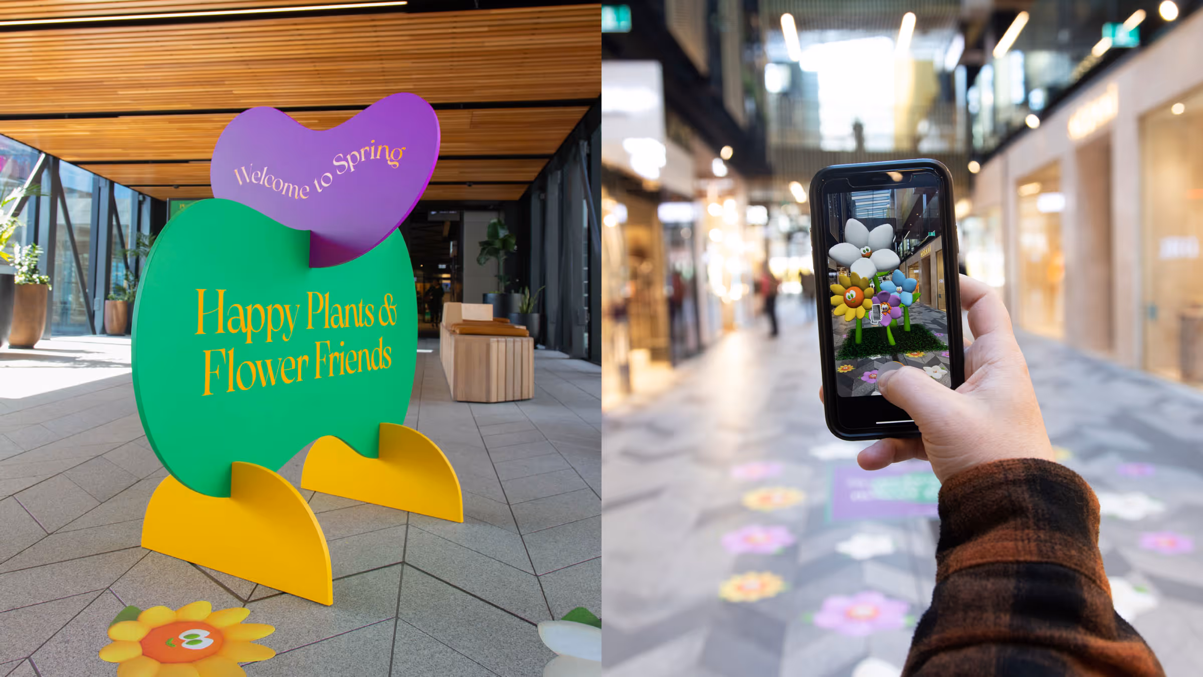 A "Welcome to Spring" sign and a smartphone displaying augmented reality flower animations at Commercial Bay