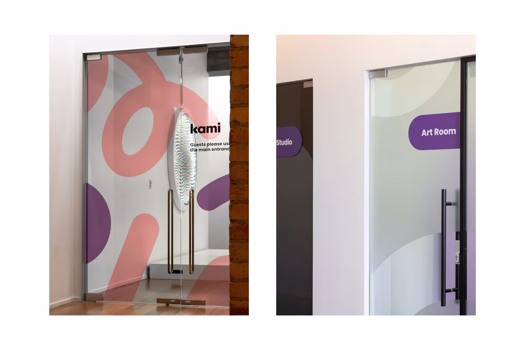 Office and wayfinding signage at Kami decorated with abstract pink and purple graphic patterns, design by Blink