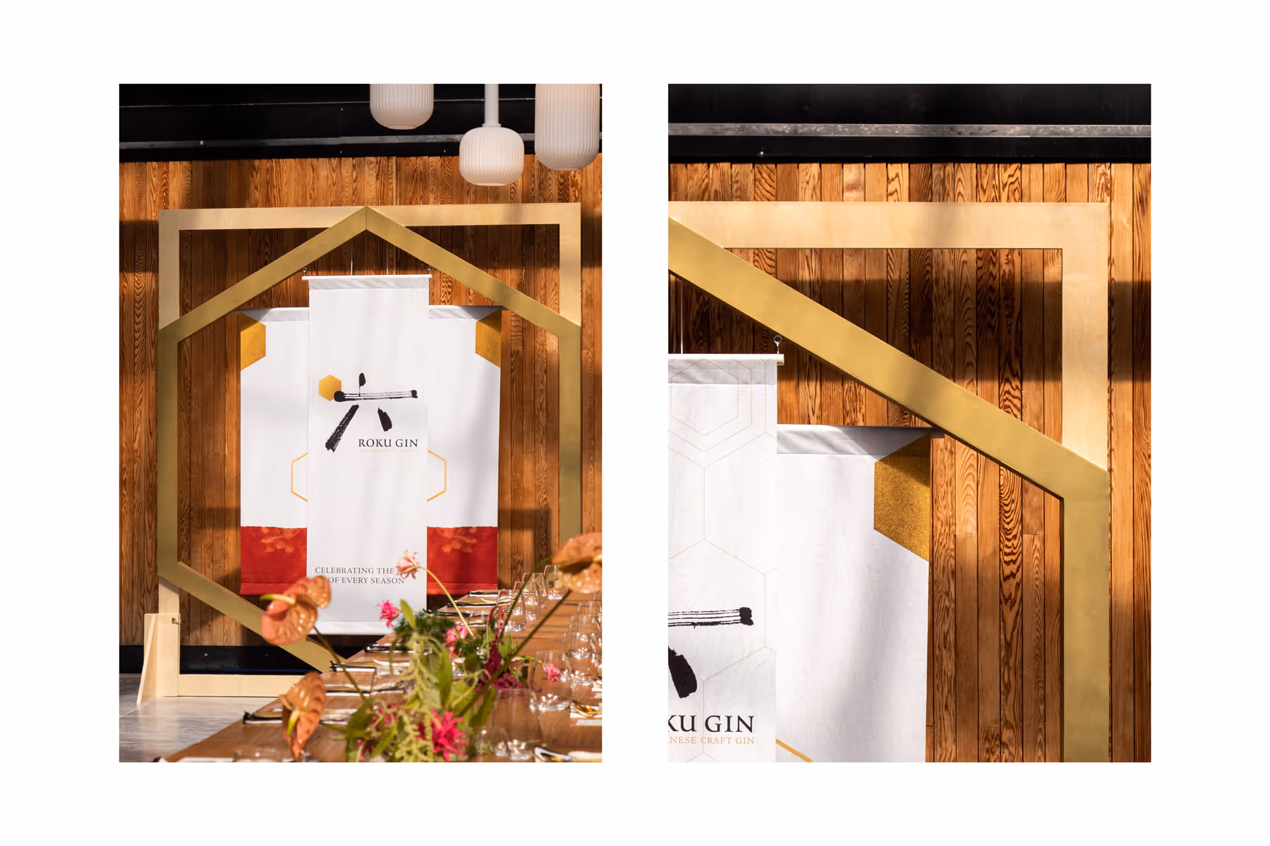 Roku Gin display featuring branded banners, gold hexagonal framing, and a floral table arrangement.