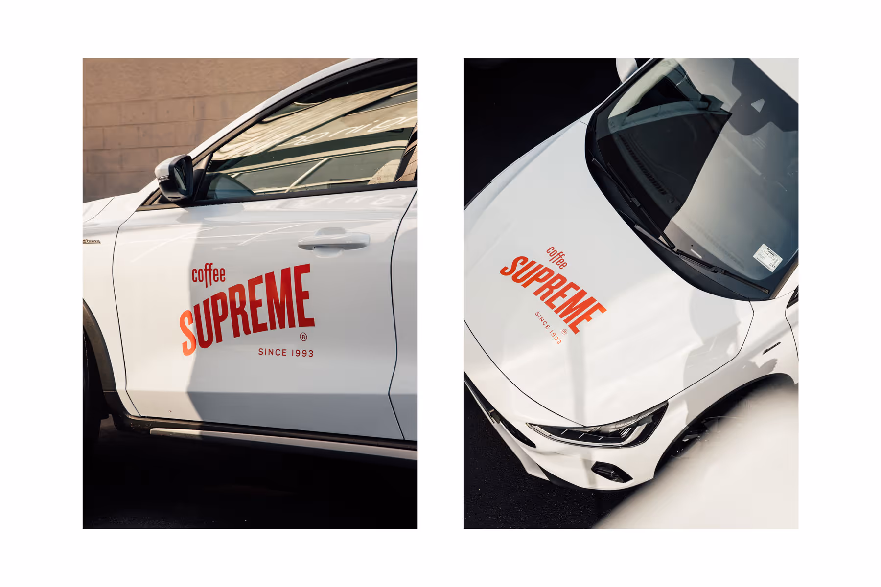 Side and top views of a white car branded with red Coffee Supreme logos on the door and hood