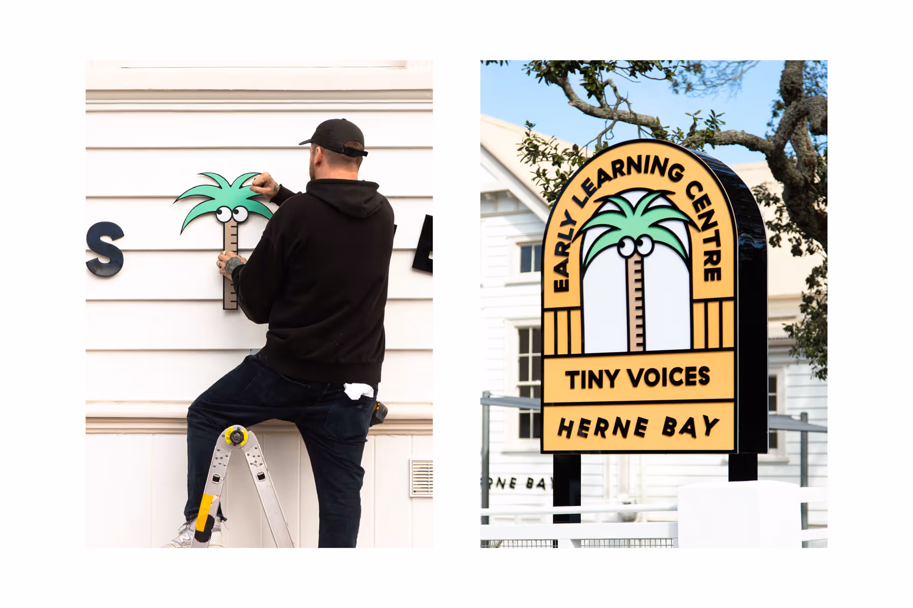 Installing a cartoon palm tree logo onto a wall, next to the completed Tiny Voices Herne Bay Early Learning Centre sign