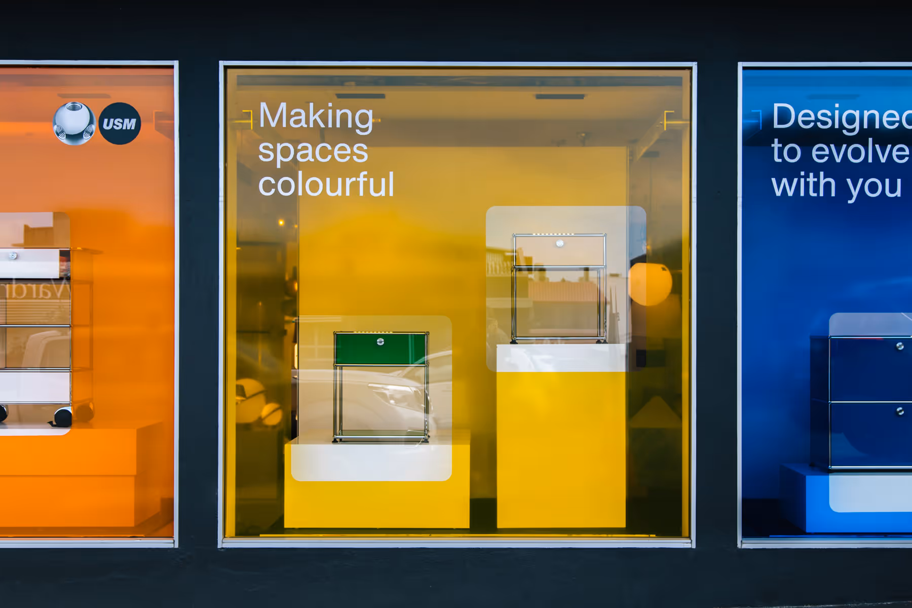 Closeup of ECC USM window display with coloured vinyl treatment designed, printed and installed by Blink, Auckland