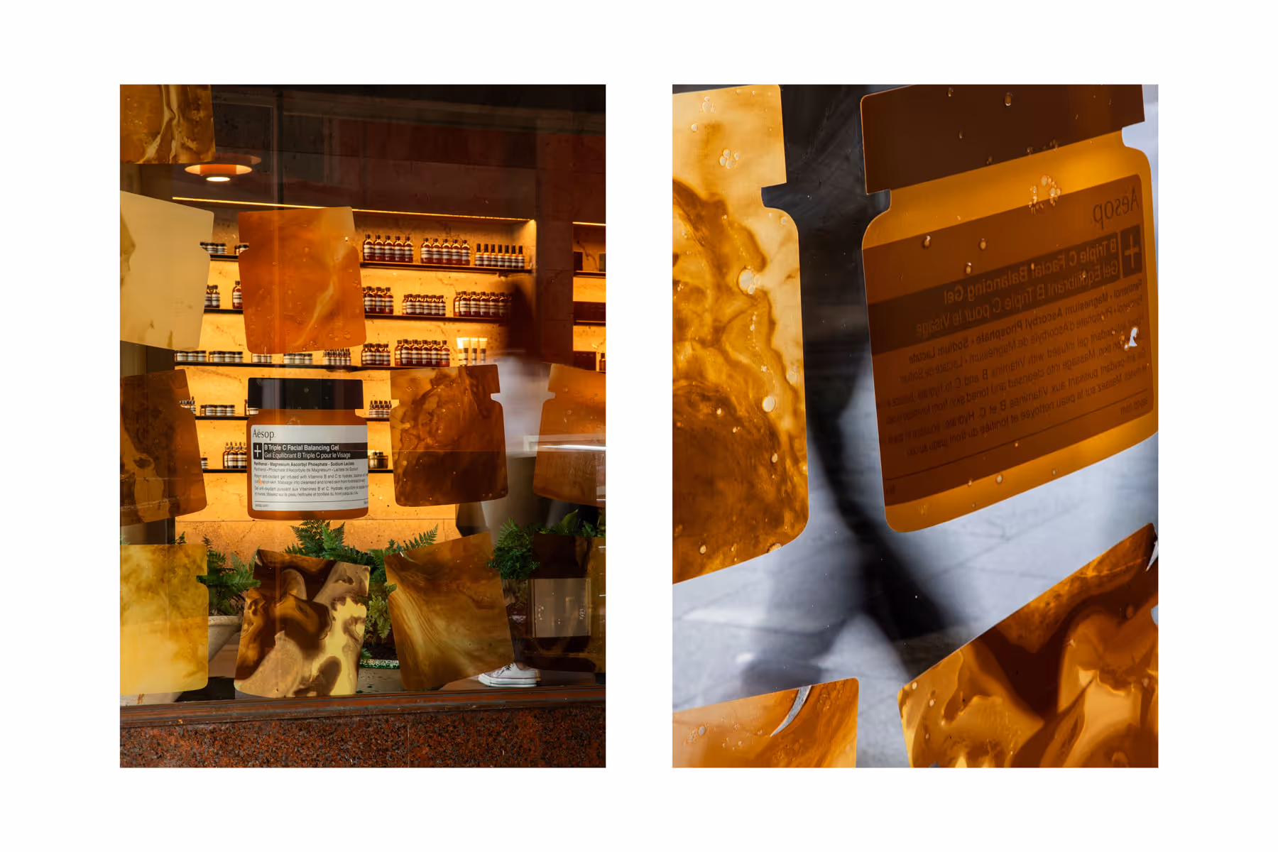 Aesop storefront window display featuring interior product shelves and abstract amber-coloured gel-like shapes
