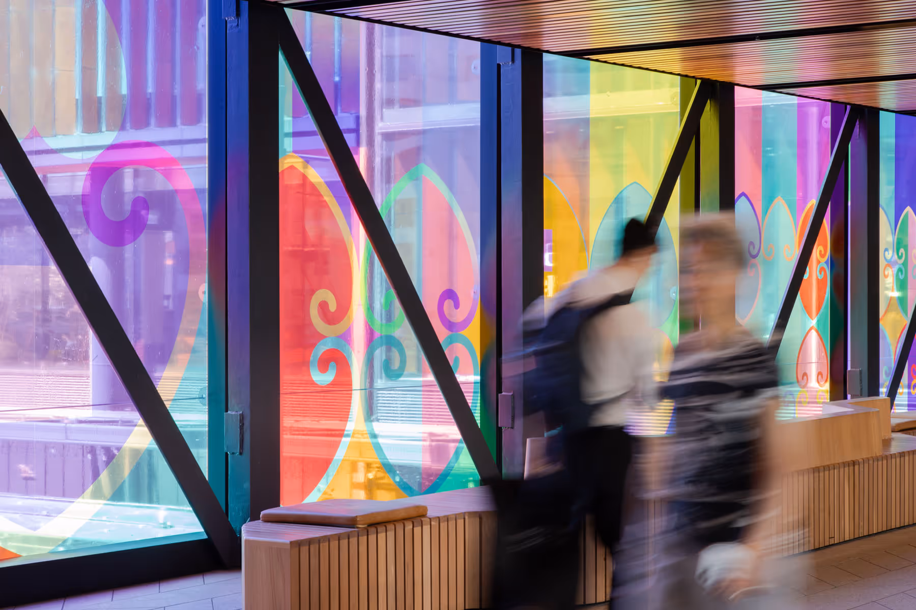Shannon Novak’s vibrant art installation in a Commercial Bay pedestrian bridge installed by Blink