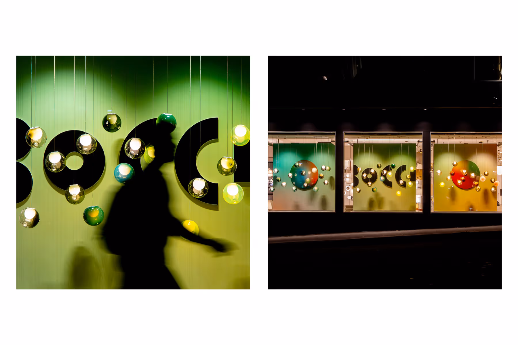A window display for BOCCI featuring suspended spherical lights against a green backdrop