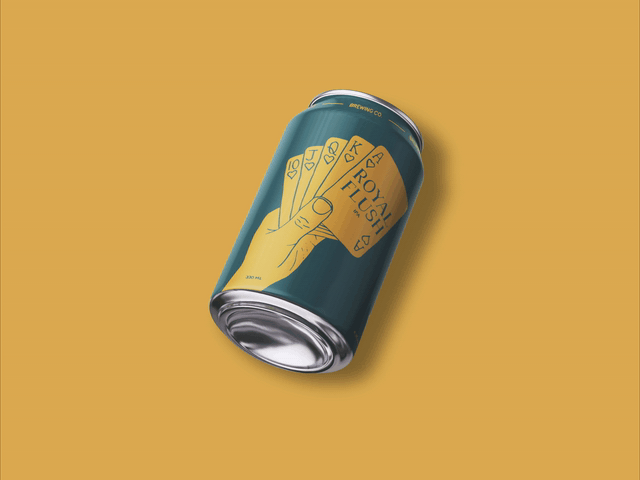Can of Royal Flush IPA featuring a hand holding a royal flush poker hand on teal background.