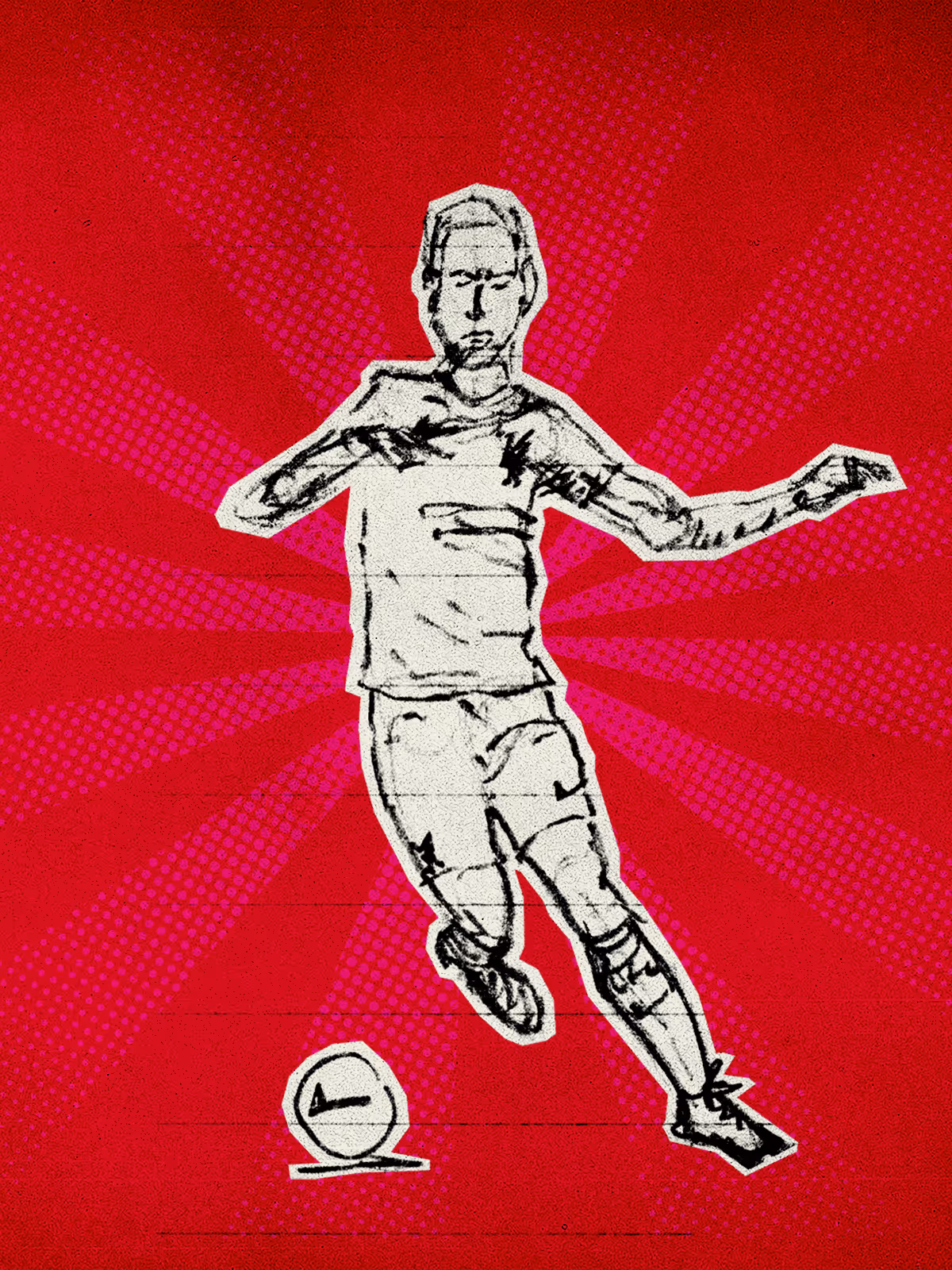Illustration of football player, Virgil Van Dijk, kicking a ball against a red background with radiating purple dots.