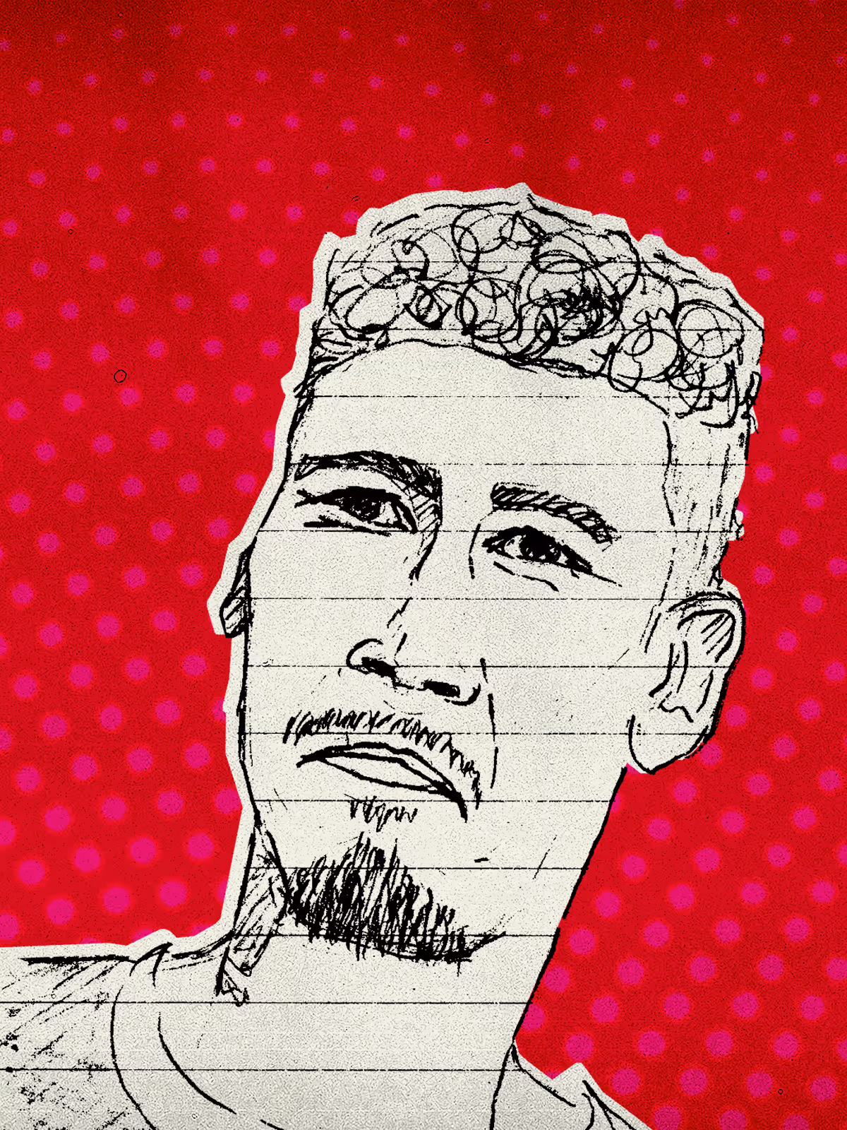 Close-up illustration of football player, Roberto Firmino, against a red background with radiating purple dots.