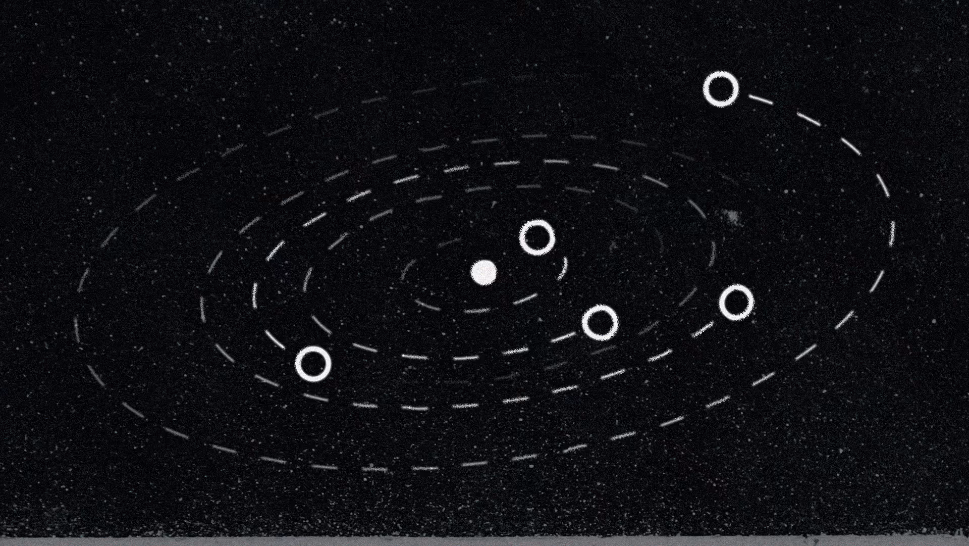 Simplified black and white illustration of a solar system with a central sun and five orbiting planets along dashed elliptical paths.