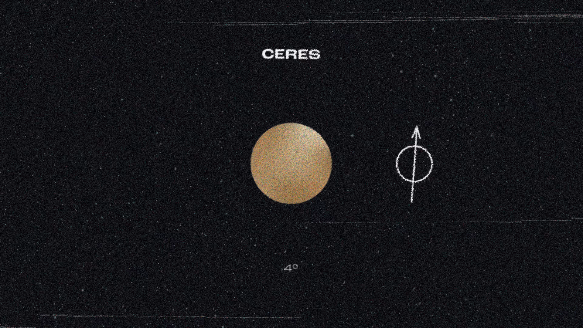Illustration of the dwarf planet Ceres with a beige spherical shape and a symbol representing it, against a starry black background.