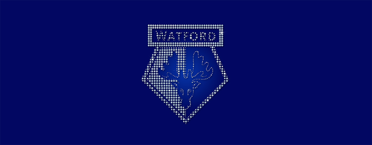 Watford emblem made of silver diamond-like dots on a dark blue background, featuring a stylized deer's head and antlers.