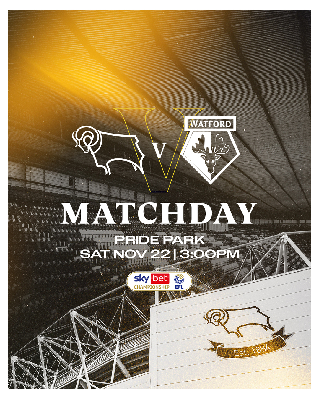 Matchday graphic for Derby County vs Watford football match at Pride Park on Saturday, Nov 22 at 3:00 PM with team logos and stadium background.