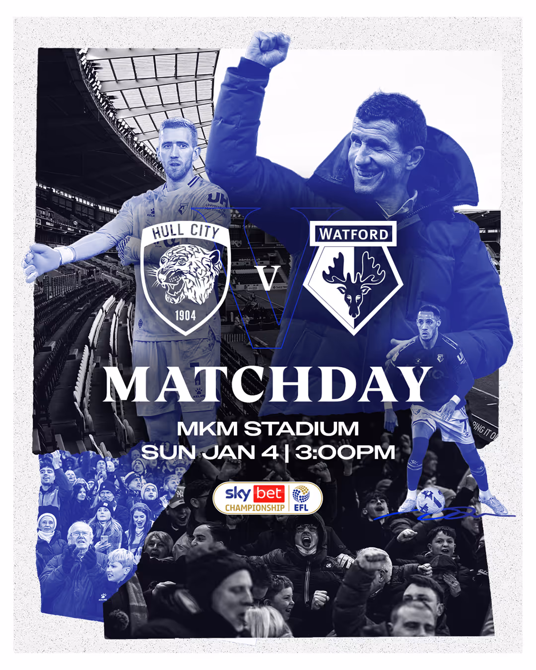 Matchday graphic featuring Hull City and Watford football players, logos, and fans inside a stadium for a game on Sunday, January 4 at 3:00 PM at MKM Stadium.