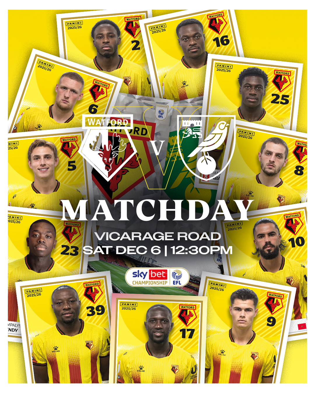Matchday graphic featuring Watford football players' Panini cards advertising a match vs Norwich City at Vicarage Road on Saturday, Dec 6, 12:30 PM.