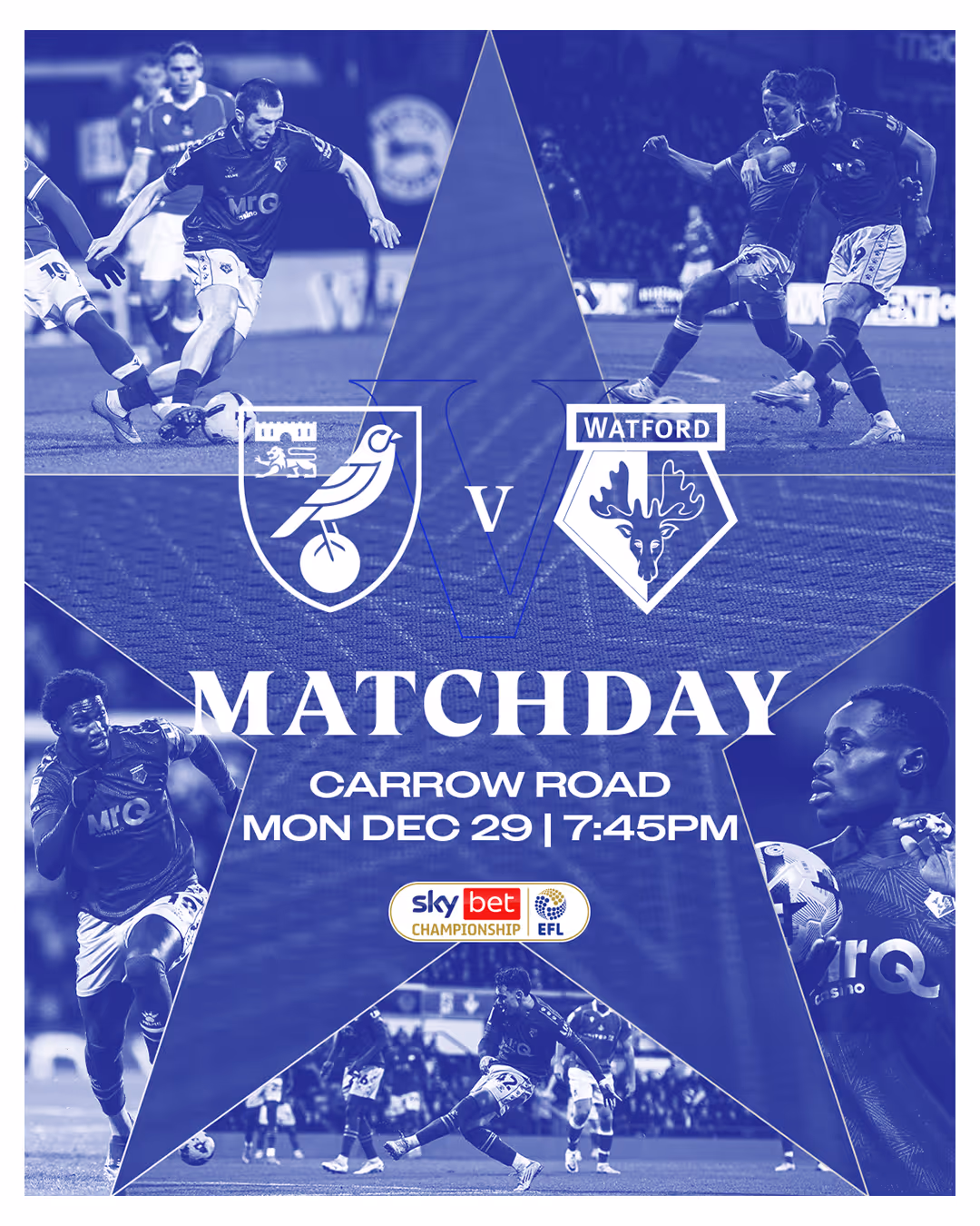 Matchday graphic for football game between Norwich City and Watford at Carrow Road on Monday, December 29 at 7:45 PM with players in action and team logos.