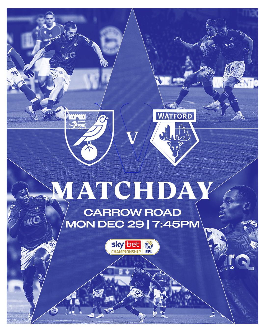 Matchday graphic for football game between Norwich City and Watford at Carrow Road on Monday, December 29 at 7:45 PM with players in action and team logos.