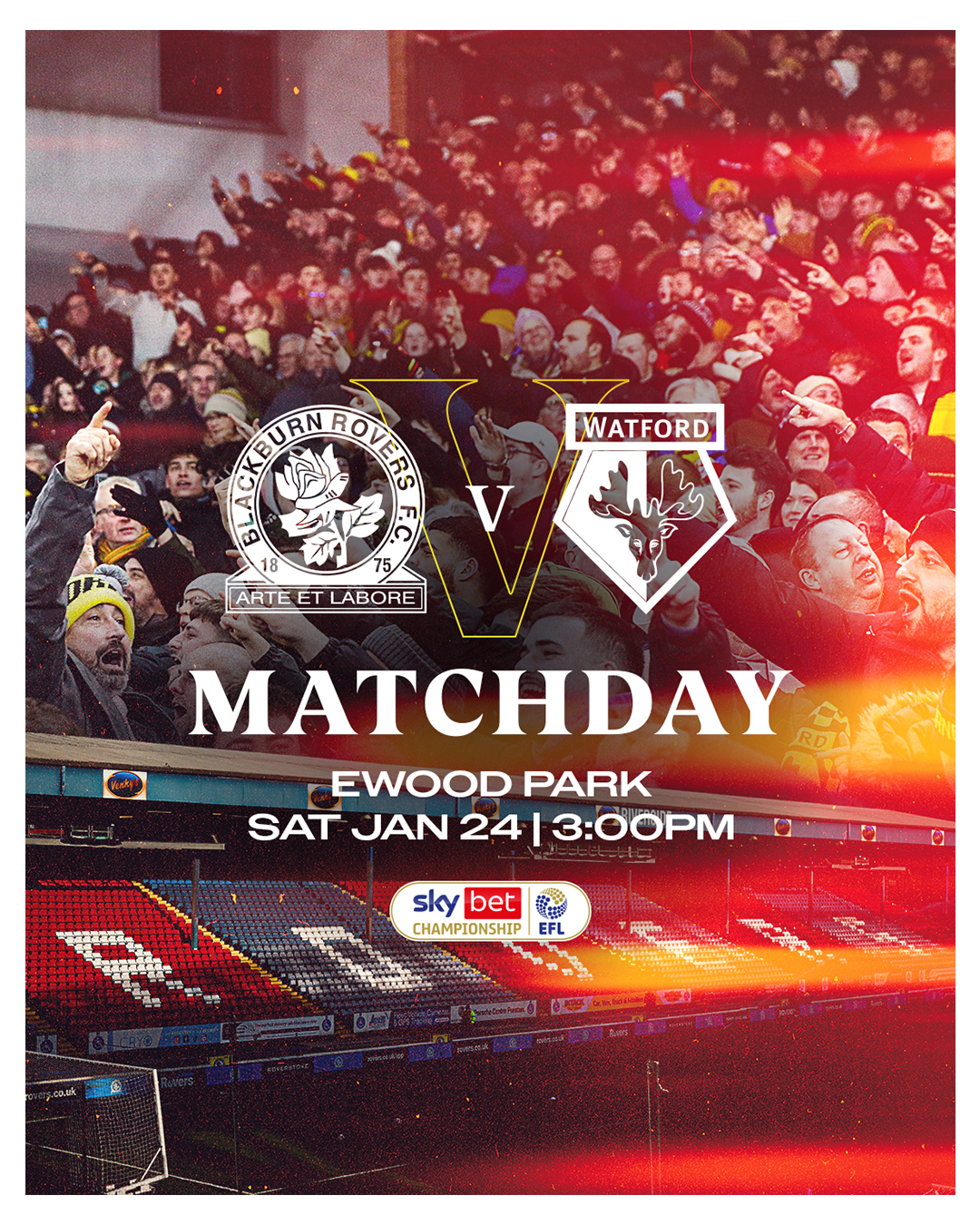 Matchday graphic featuring crowd of enthusiastic football fans at a stadium with Blackburn Rovers and Watford logos, announcing matchday on Sat Jan 24 at 3:00 PM at Ewood Park, Sky Bet Championship.
