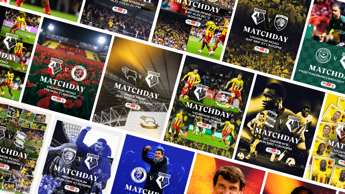 Collage of football matchday promotional graphics featuring Watford FC versus various teams with dates and stadium details.
