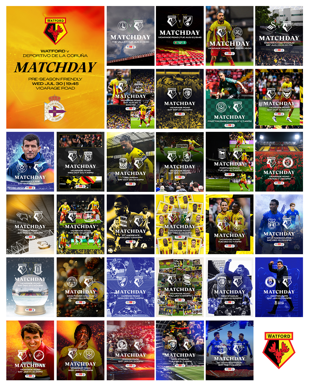Collage of Watford FC matchday promotional graphics featuring various players, dates, and opposing teams with Watford FC crest and stadium backgrounds.