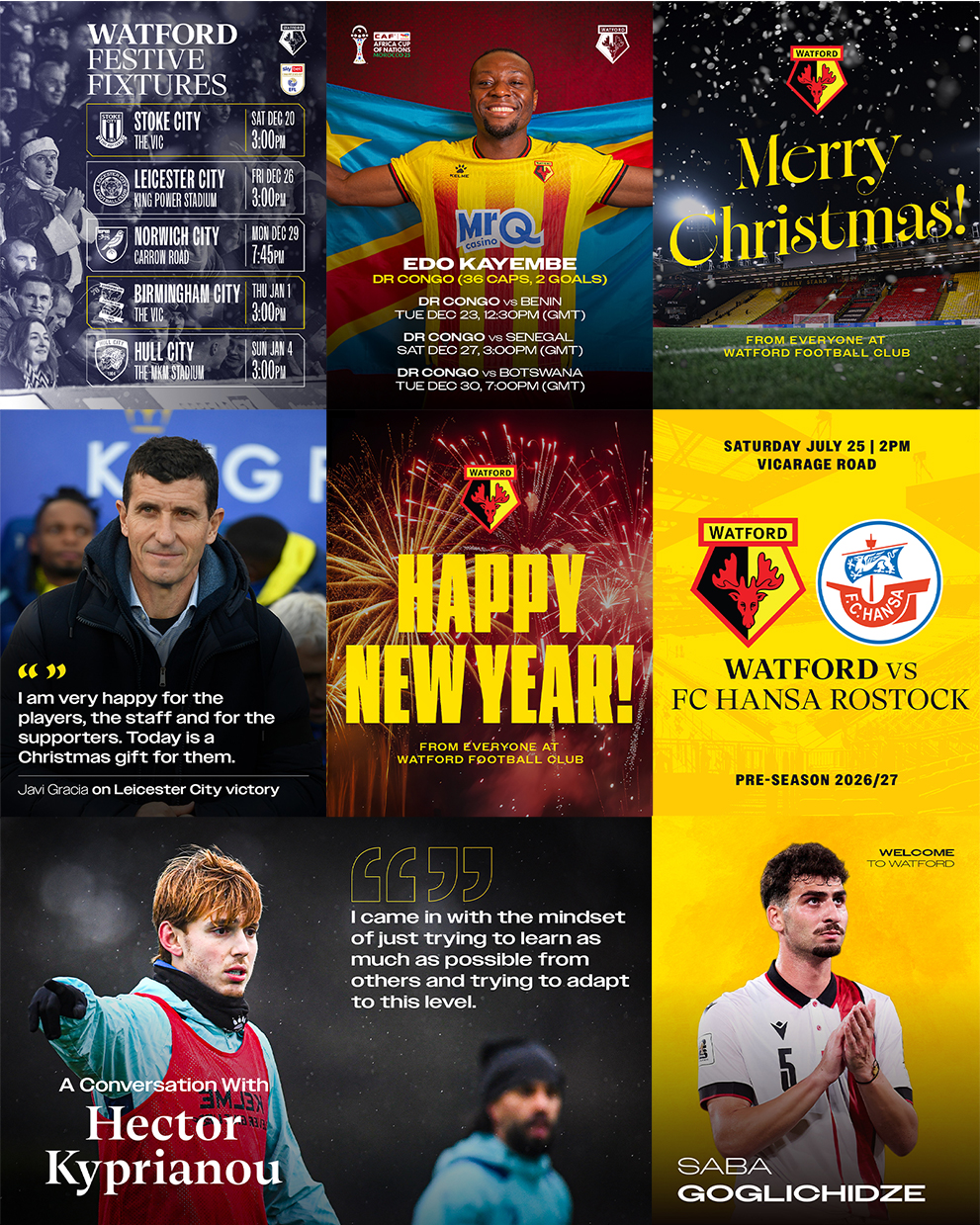 Collage of Watford FC social media graphics featuring player announcements, match fixtures, signed player photos, squad numbers, and festive greetings for the 2025/26 season.