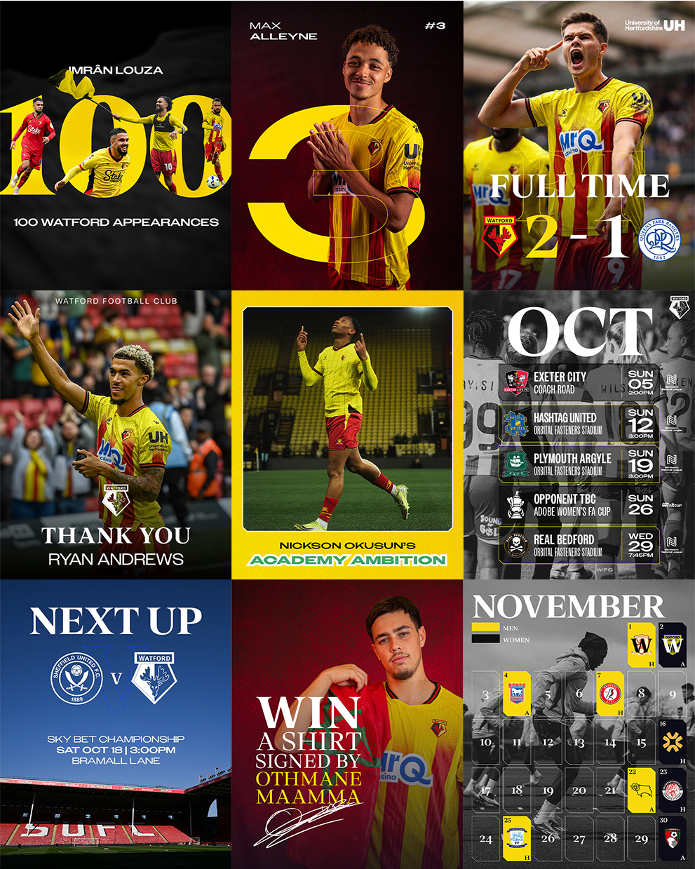 Collage of Watford FC social media graphics featuring player announcements, match fixtures, signed player photos, squad numbers, and festive greetings for the 2025/26 season.