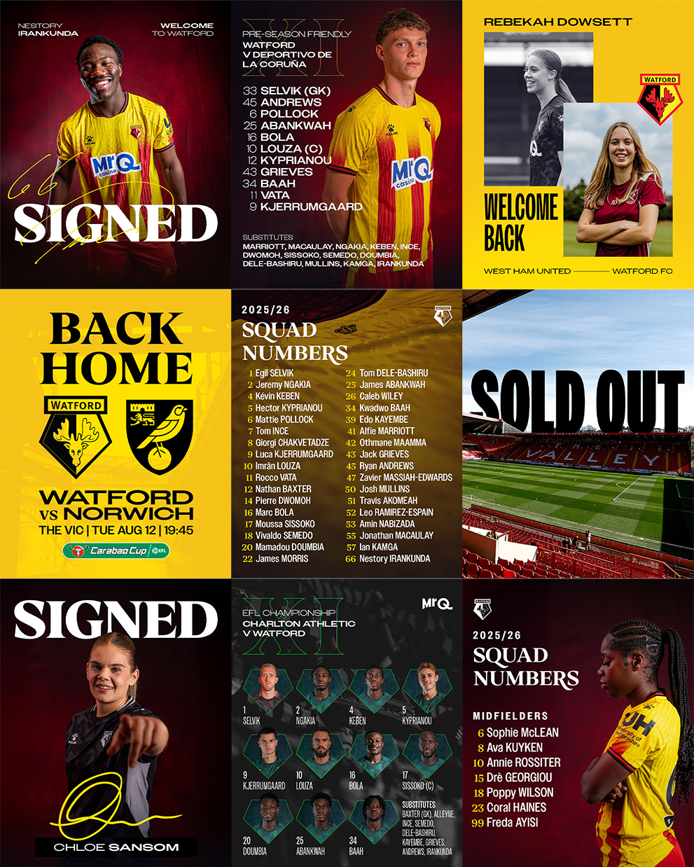 Collage of Watford FC social media graphics featuring player announcements, match fixtures, signed player photos, squad numbers, and festive greetings for the 2025/26 season.