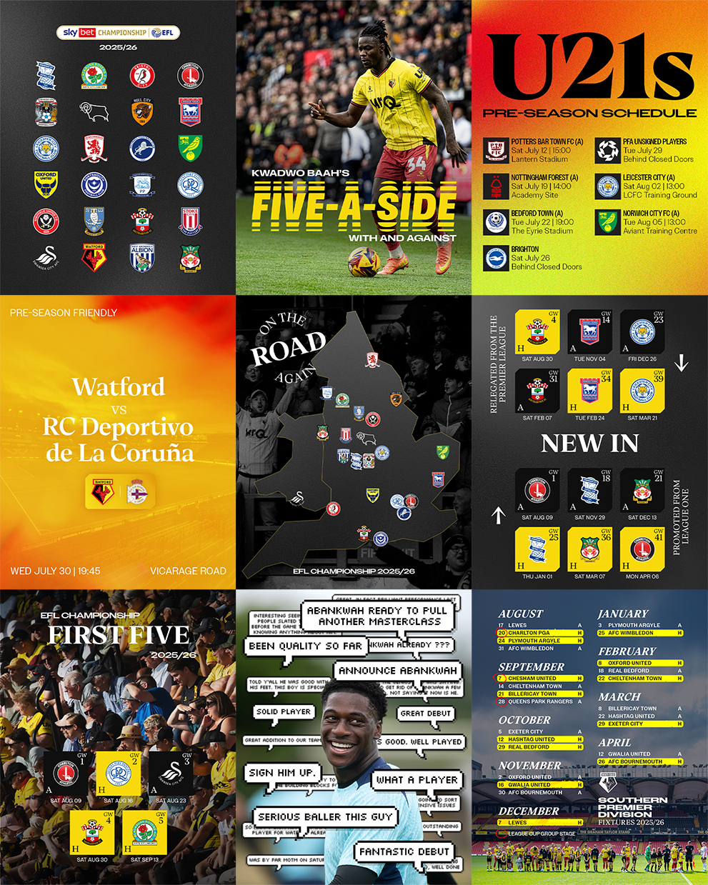 Collage of Watford FC social media graphics featuring player announcements, match fixtures, signed player photos, squad numbers, and festive greetings for the 2025/26 season.