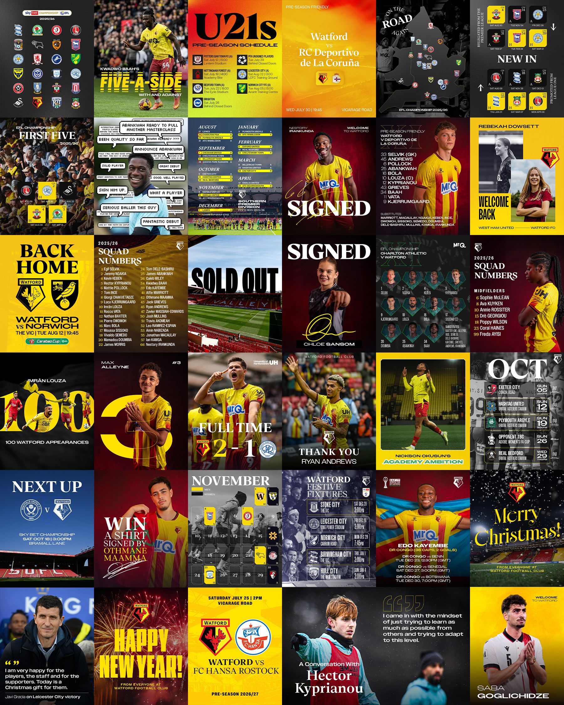Collage of Watford FC social media graphics featuring player announcements, match fixtures, signed player photos, squad numbers, and festive greetings for the 2025/26 season.