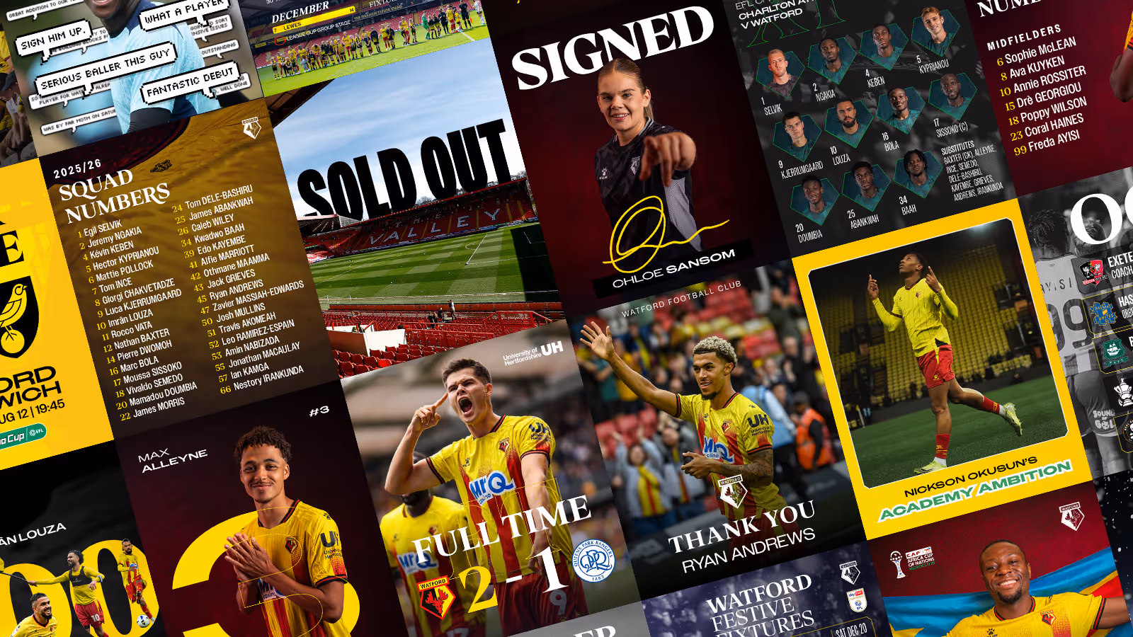 Collage of football matchday promotional graphics featuring Watford FC versus various teams with dates and stadium details.