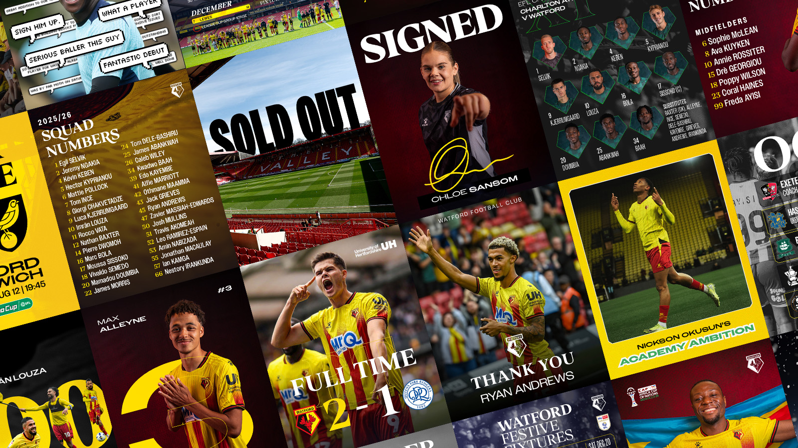 Collage of football matchday promotional graphics featuring Watford FC versus various teams with dates and stadium details.