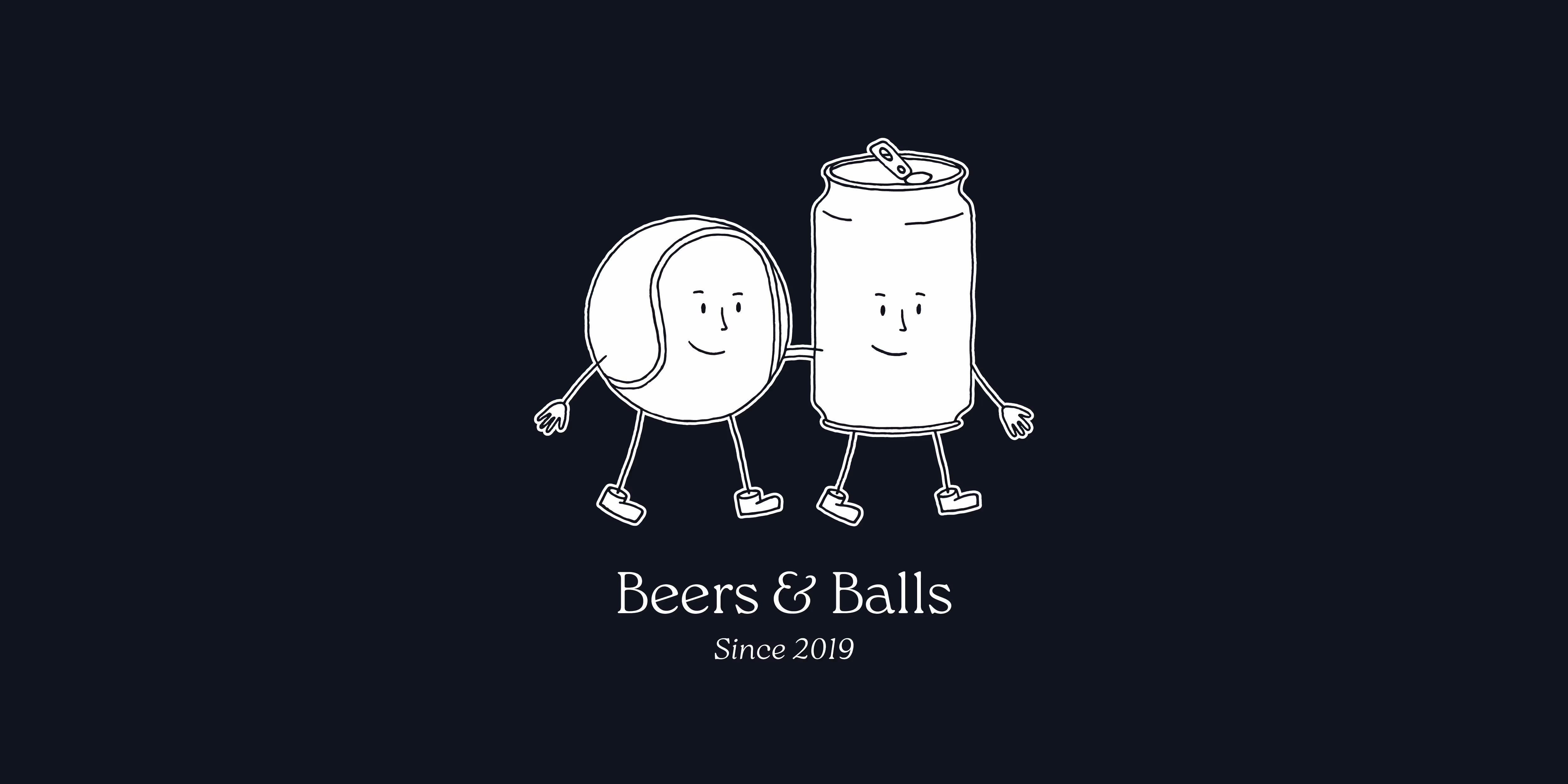 Illustration of a smiling tennis ball and beer can with arms and legs walking together above text 'Beers & Balls Since 2019'.