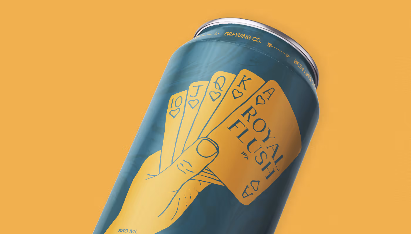 Blue can with yellow illustration of a hand holding playing cards showing a royal flush in hearts and text reading Royal Flush IPA.