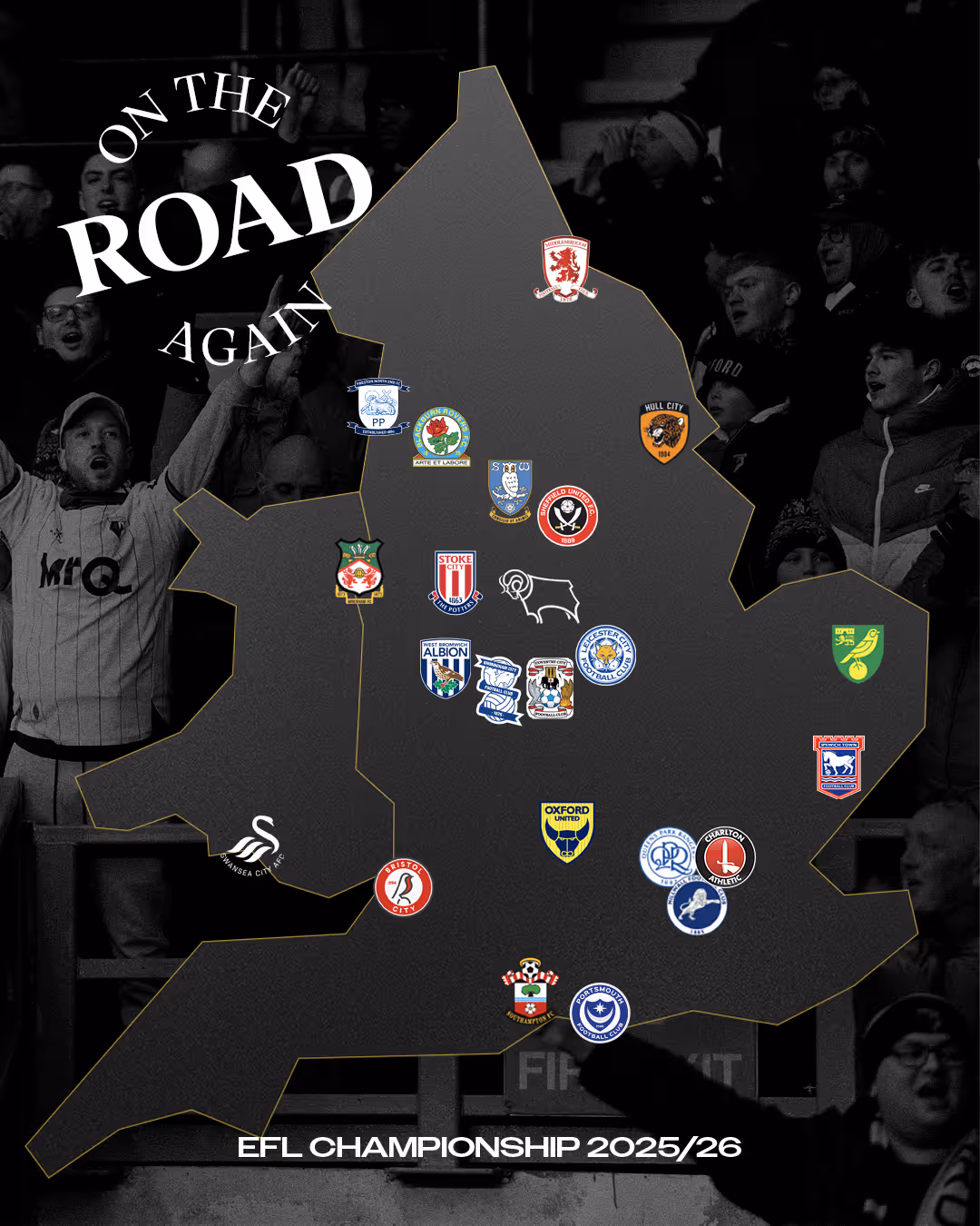 Map of England with crests of EFL Championship football clubs for the 2025/26 season overlaid on their respective locations.