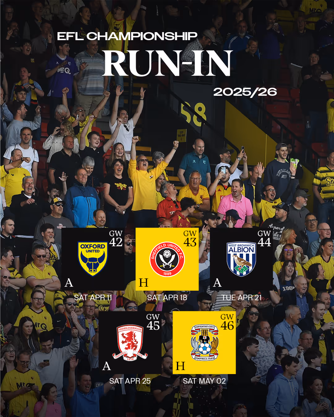Crowd of excited Watford fans at Vicarage Road stadium, overlaid with Watford's EFL Championship fixtures for the 2025/26 season run-in, showing matchups against Oxford United, Sheffield United, West Bromwich Albion, Middlesbrough, and Coventry City.