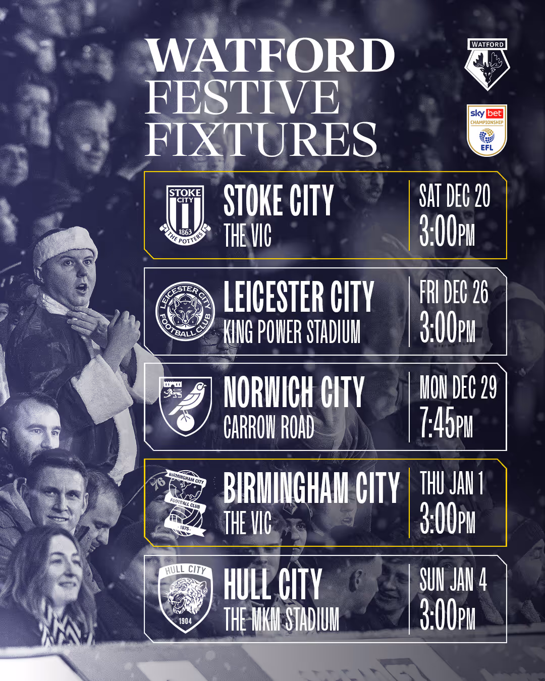 Graphic highlighting Watford festive football fixtures against Stoke City, Leicester City, Norwich City, Birmingham City, and Hull City with dates and times.