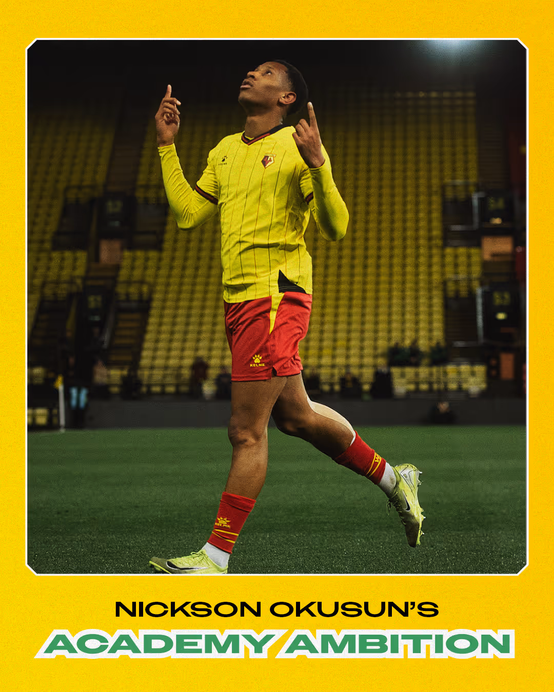Soccer player Nickson Okusun in yellow and red kit celebrating on the field with arms raised and looking up.
