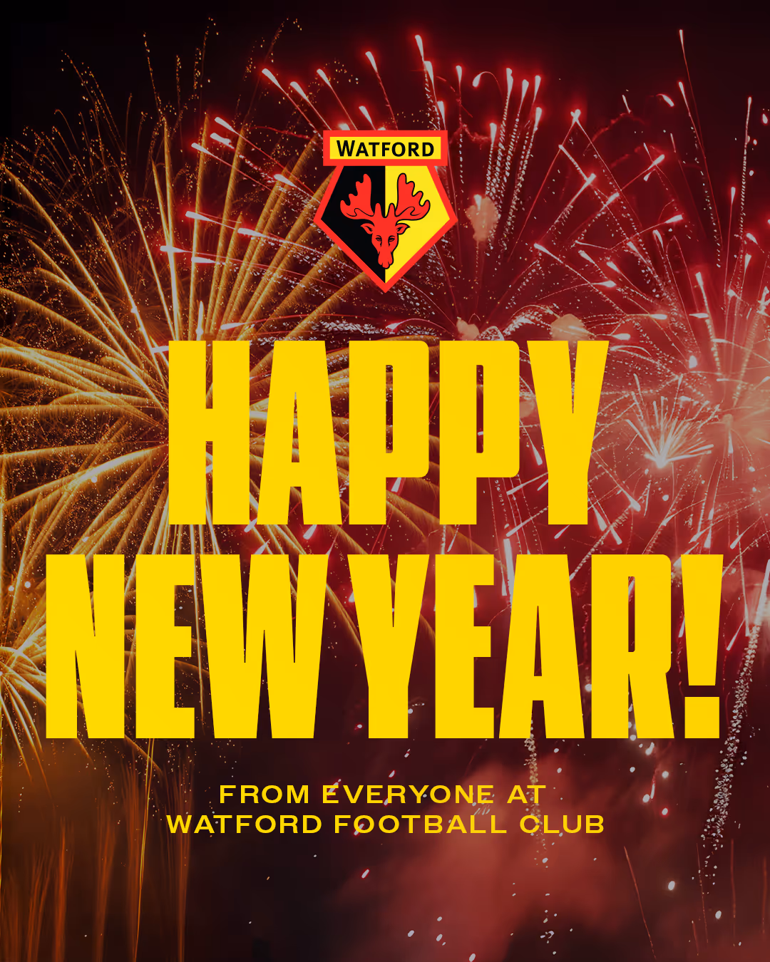 Yellow text reading 'Happy New Year! From everyone at Watford Football Club' with Watford FC crest above, set against a background of red and yellow fireworks.